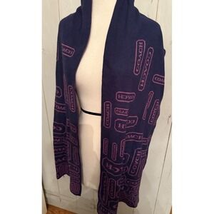 COACH Cashmere‎ Wool Navy Purple reversible rectangle logo purple Scarf Wrap